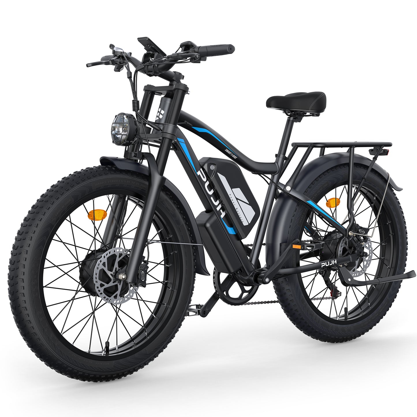 PUJH PU2-52V25AH- Full Suspension Fat Tire E-bike, 55 mph top speed, 100 mile range, 3000 Wh, 38 kg, 26 in - Black.
