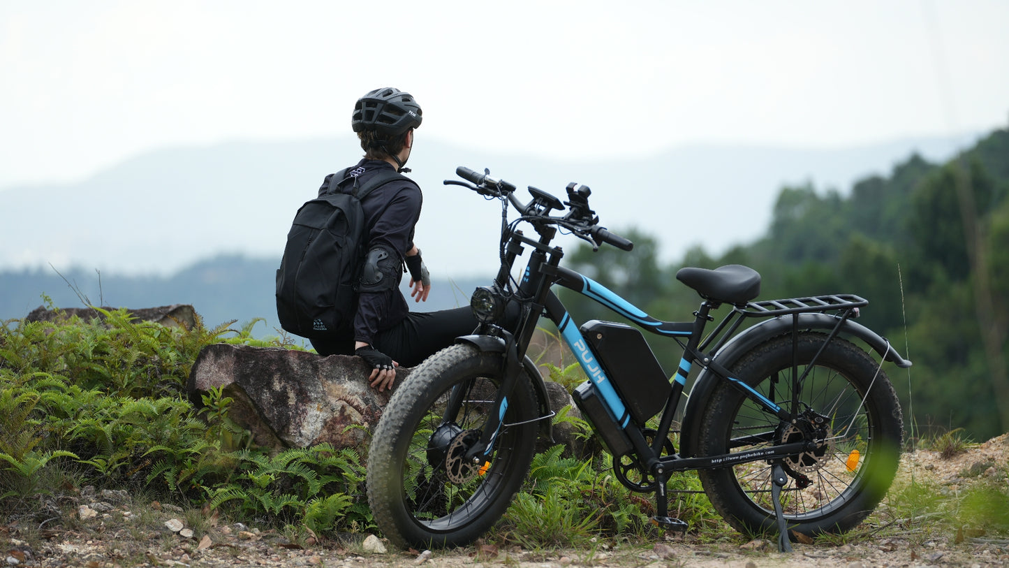 PUJH PU2-52V25AH- Full Suspension Fat Tire E-bike, 55 mph top speed, 100 mile range, 3000 Wh, 38 kg, 26 in - Black.