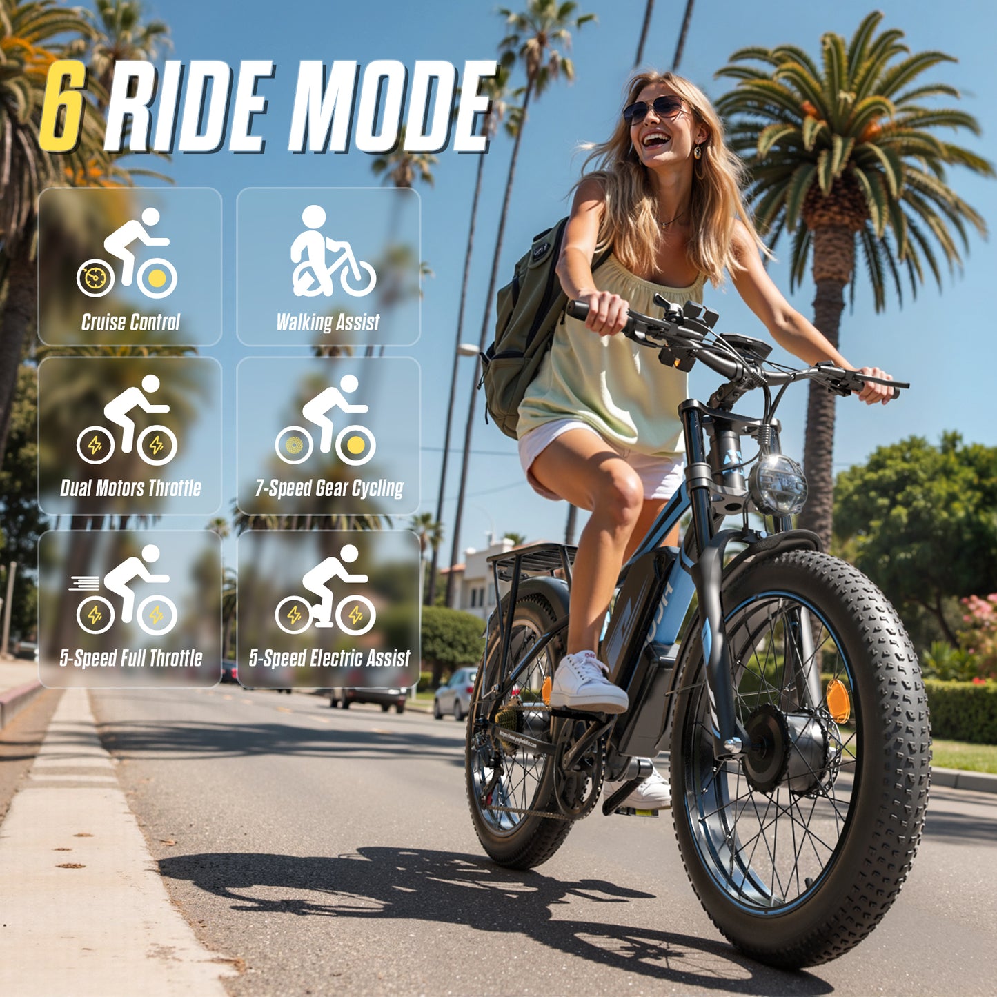 PUJH PU2-52V25AH- Full Suspension Fat Tire E-bike, 55 mph top speed, 100 mile range, 3000 Wh, 38 kg, 26 in - Black.