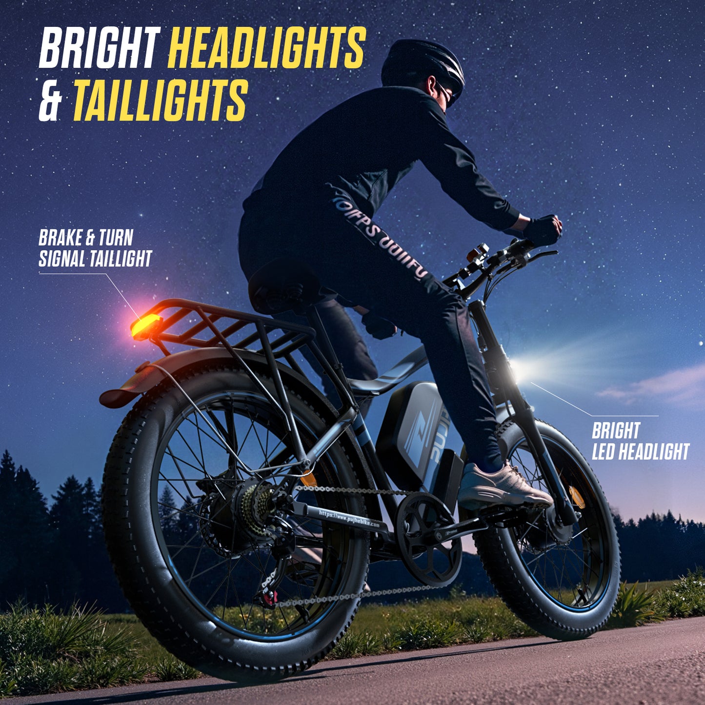 PUJH PU2-52V25AH- Full Suspension Fat Tire E-bike, 55 mph top speed, 100 mile range, 3000 Wh, 38 kg, 26 in - Black.