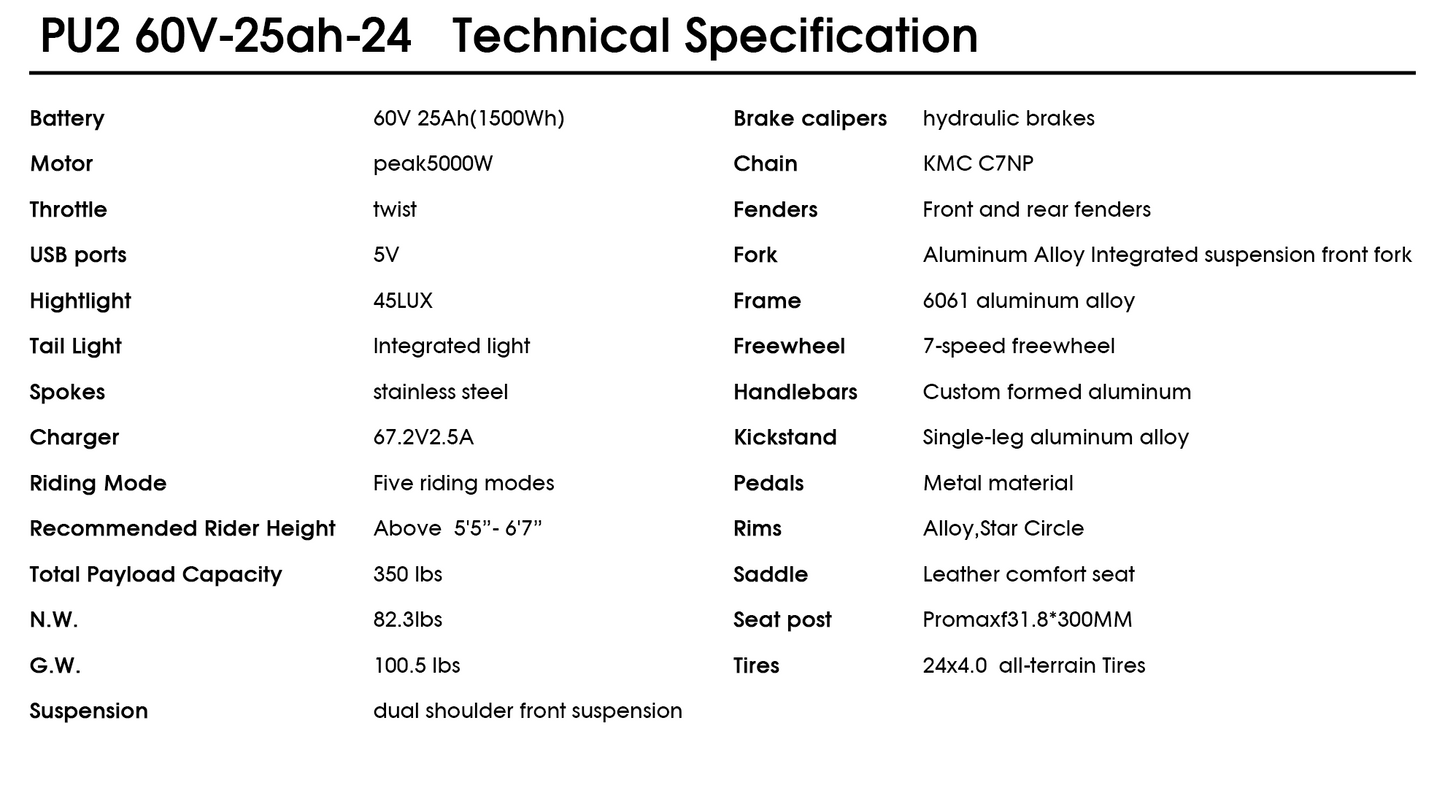 PUJH PU2-60V 25ah-24” Pro Long Range Fat Tire E-bike