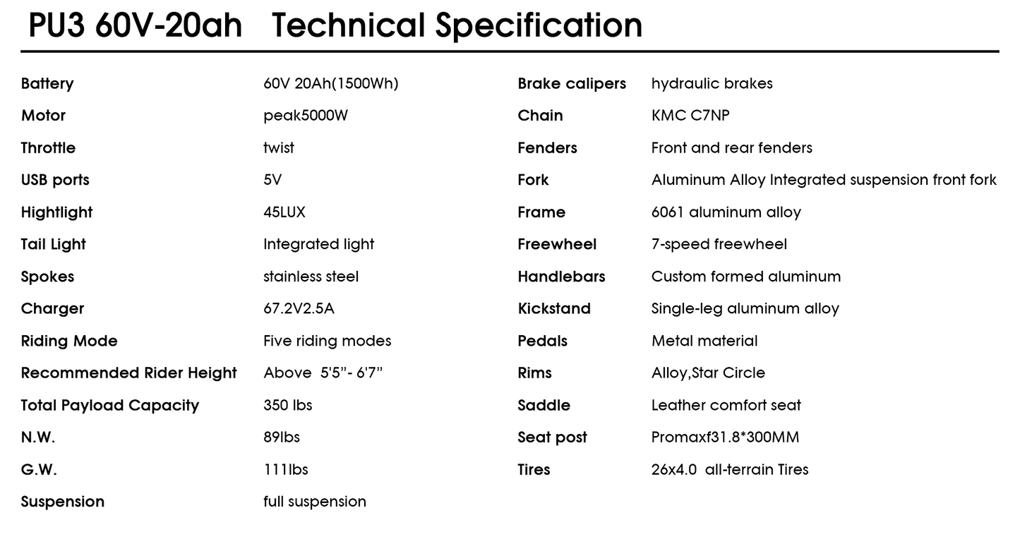 PUJH PU3-60V-20ah 26” Pro off-road electric bicycles
