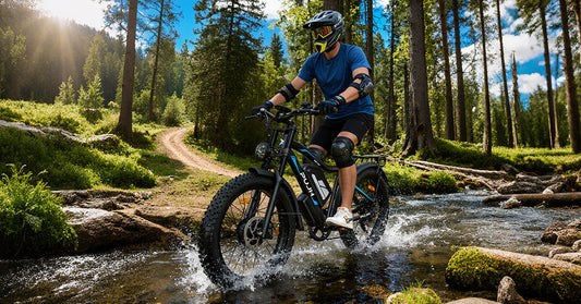 Adventurous rider on the PU256 black blue off-road electric bike crossing a shallow forest stream.
