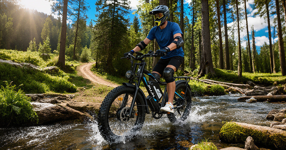 Adventurous rider on the PU256 black blue off-road electric bike crossing a shallow forest stream.
