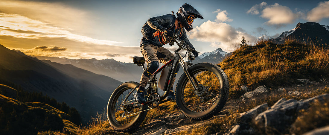 A man rides a PU366 series off-road electric bicycle in a mountainous environment.