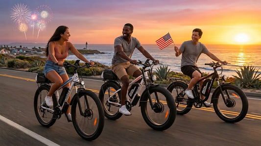 Enjoy the 4th of July while riding a PUJH high-performance e-bike along the coast at sunset.