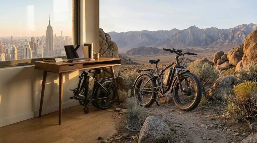 Comparison of a foldable electric bike in an apartment versus the pujh pu366 regular ebike on a mountain trail.