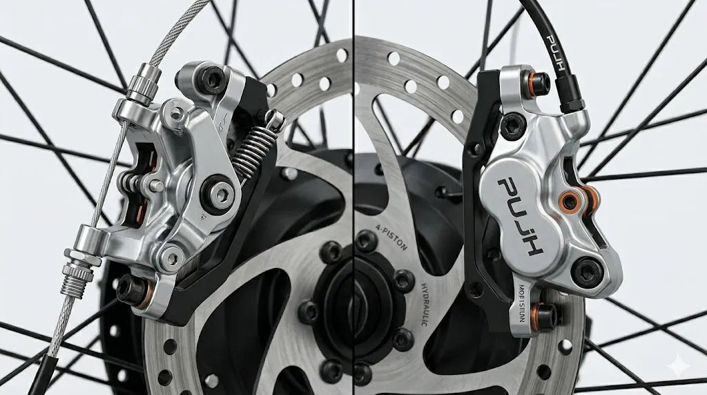 Close-up engineering comparison of mechanical disc brakes and hydraulic disc brakes
