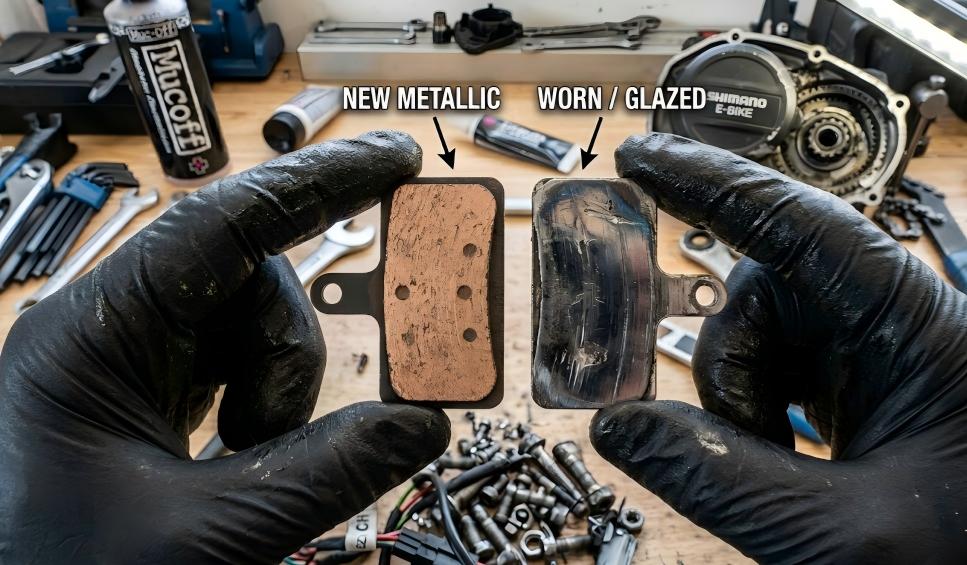 Comparing a new ebike brake pad with a dangerously worn out pad that needs replacement.