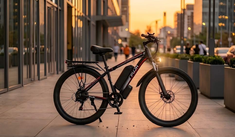 The PUJH PU149  commuter electric bicycle is parked on a clean city sidewalk.