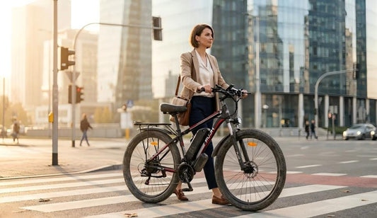 A novice commuter pushes his PUJH PU1 high-performance urban e-bike through the city streets in the morning light.