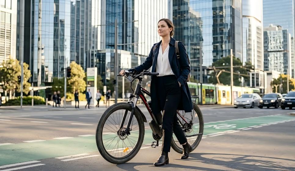 A commuter pushes a PUJH PU149 crossover urban electric bicycle through a city street intersection.