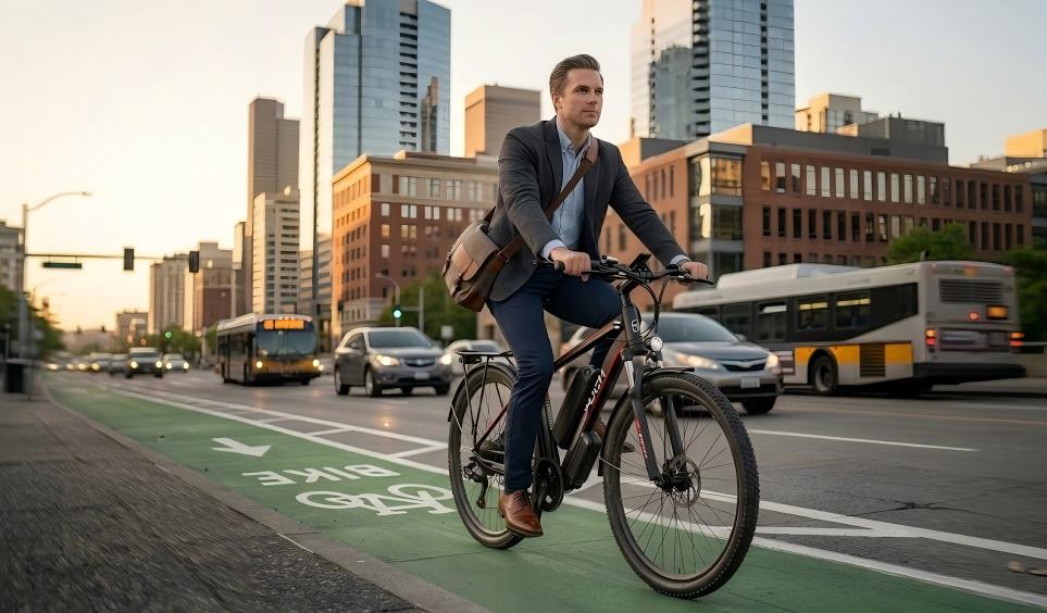 The PUJH PU149 road electric bike features flat handlebars, designed for greater convenience and safety in urban riding.