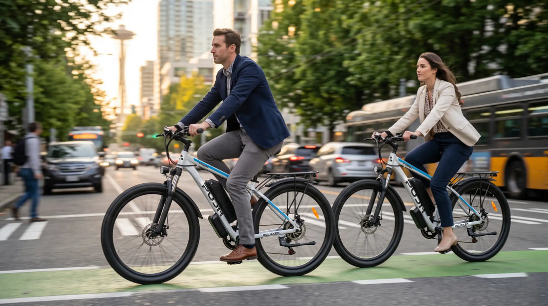 A professional commutes efficiently on a PUJH PU149 electric city bike along a sunny downtown bike lane.