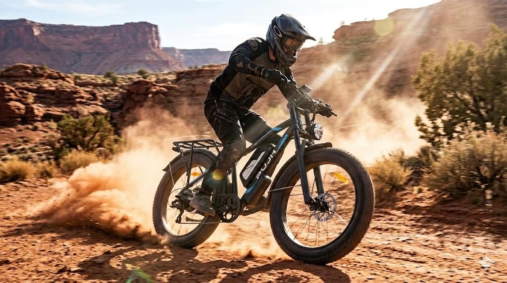The PUJH PU256, with its 6061 aluminum alloy frame and fat tires, is capable of riding on various challenging terrains, including mountainous areas.
