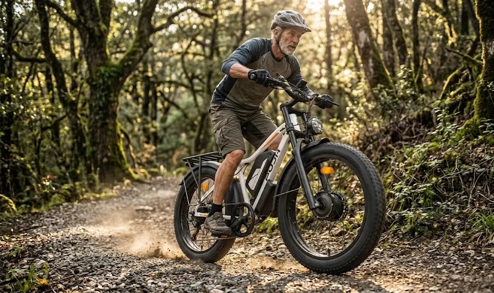 An energetic father explores forest trails on a PU266 off-road e-bike; it is safe and powerful and suitable for older riders.