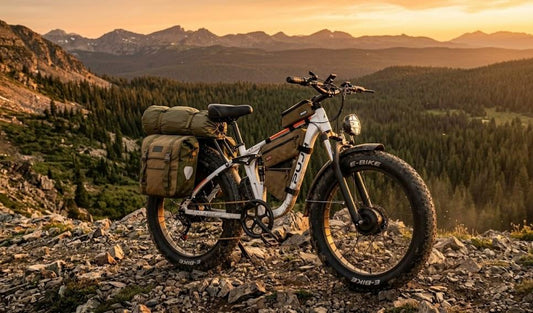 The PUJH PU354 long distance electric bike is parked on a rocky ridge, ready for an off-road trip.