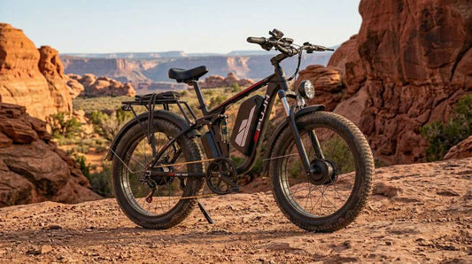 PUJH PU366 dual motor electric bike parked on a rocky Moab trail, showing AWD off-road ebike capabilities