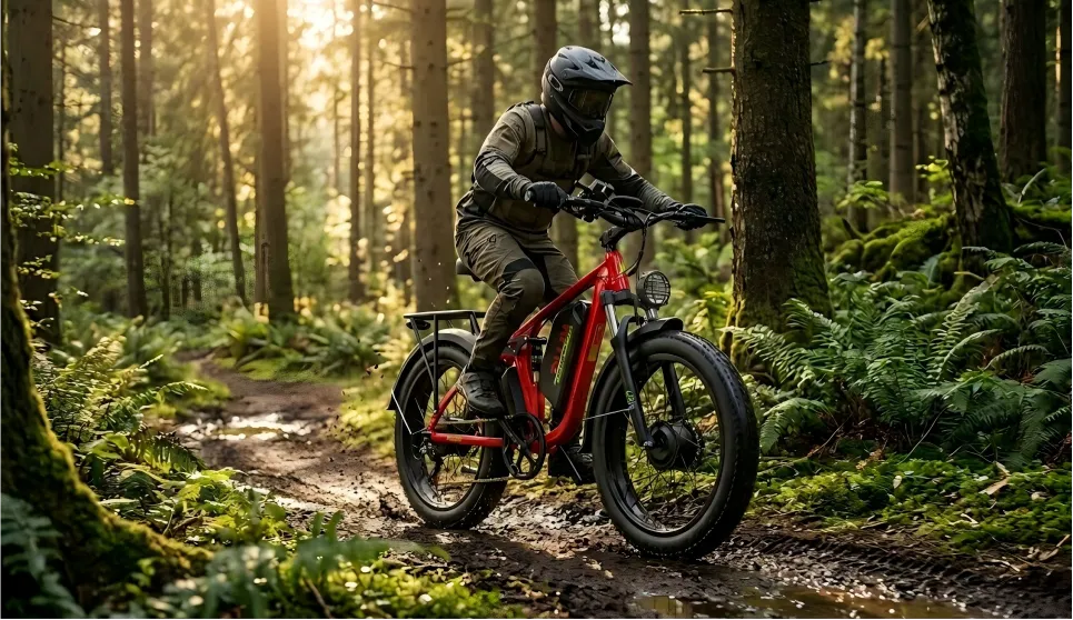 The PUJH PU366 off-road electric bicycle demonstrates proper handling skills while riding on a muddy forest trail in spring.