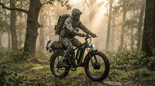 A hunter is riding a green PUJH PU366 electric hunting bike—featuring a 6,000W peak power output—through the forest.