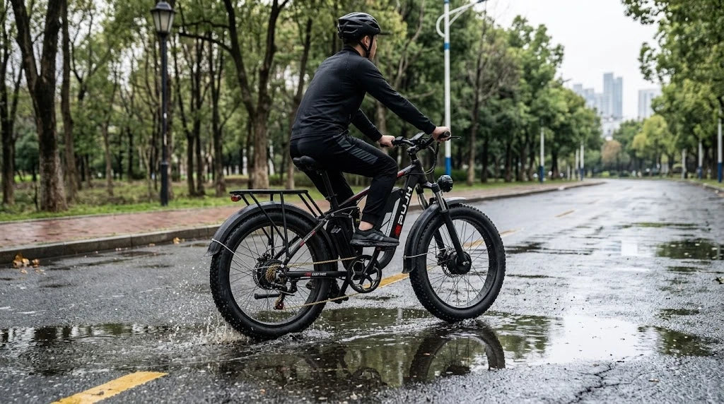 PUJH PU366 fat tire waterproof electric bike through a puddle for mud and water protection.