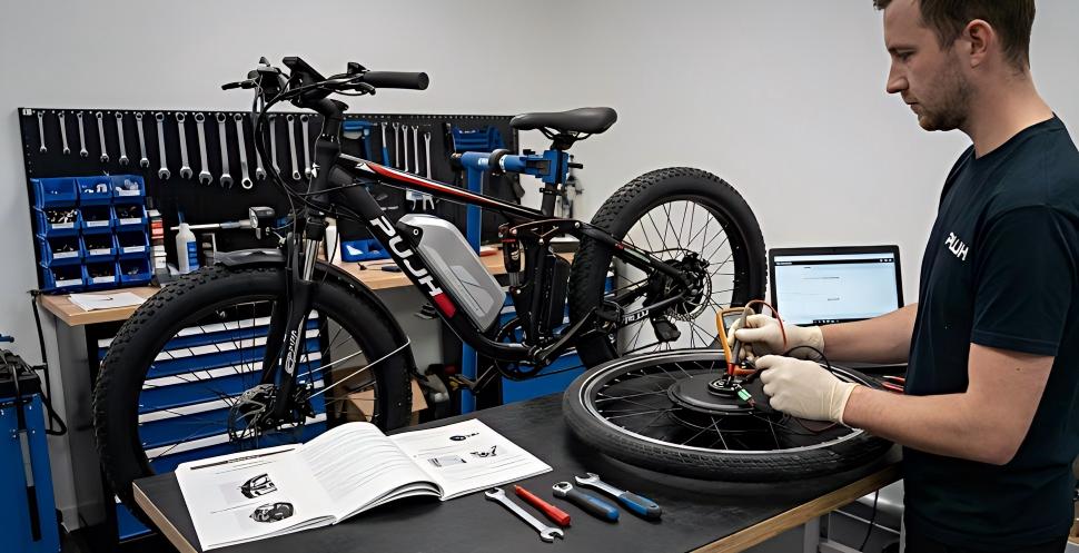 PUJH technicians are repairing the rear wheel of a PUJH PU366 all-terrain electric bicycle.