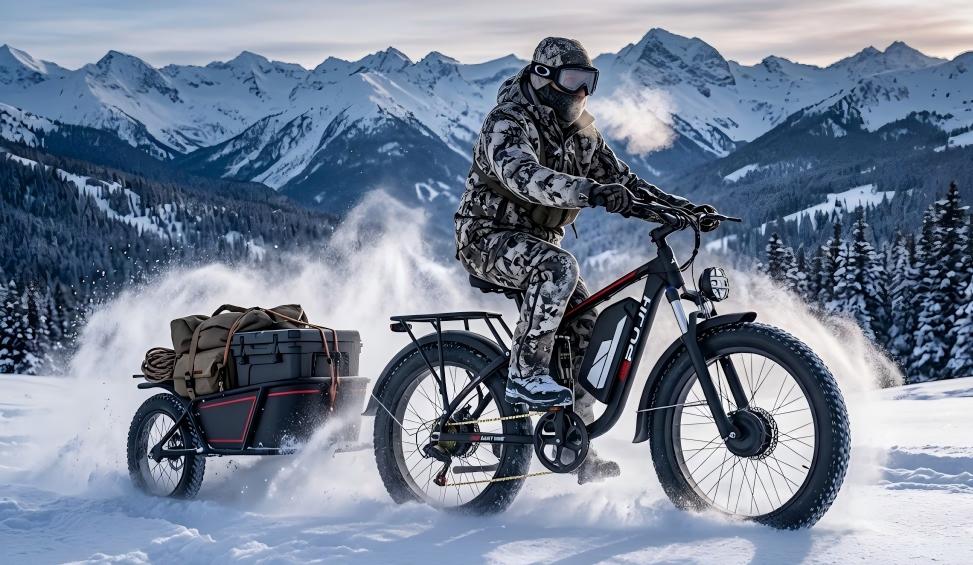 The PUJH PU366 electric snow bike is suitable for hunting and off-roading in the snow, and for transporting equipment.