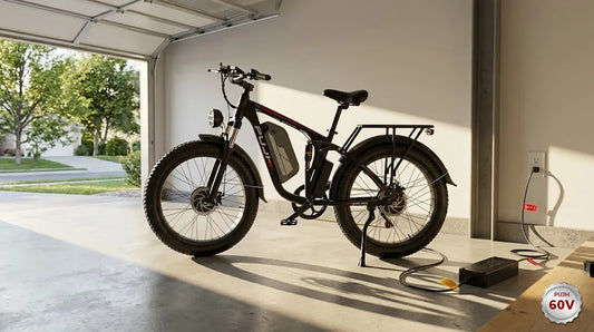 The PUJH PU366 ebike can be safely charged in a well-ventilated, room-temperature, and spacious garage.