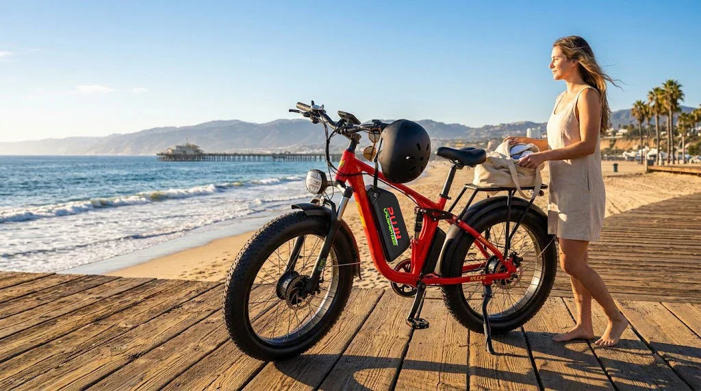Ride the PUJH PU366 6000W electric bike along the seaside boardwalk and enjoy the fun of summer riding.