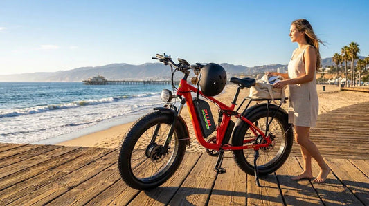 Ride the PUJH PU366 6000W electric bike along the seaside boardwalk and enjoy the fun of summer riding.