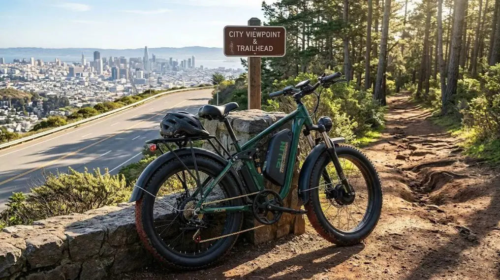 The PUJH PU366 all-terrain e-bike is parked between city streets and forest trails, demonstrating its versatility across various terrains.