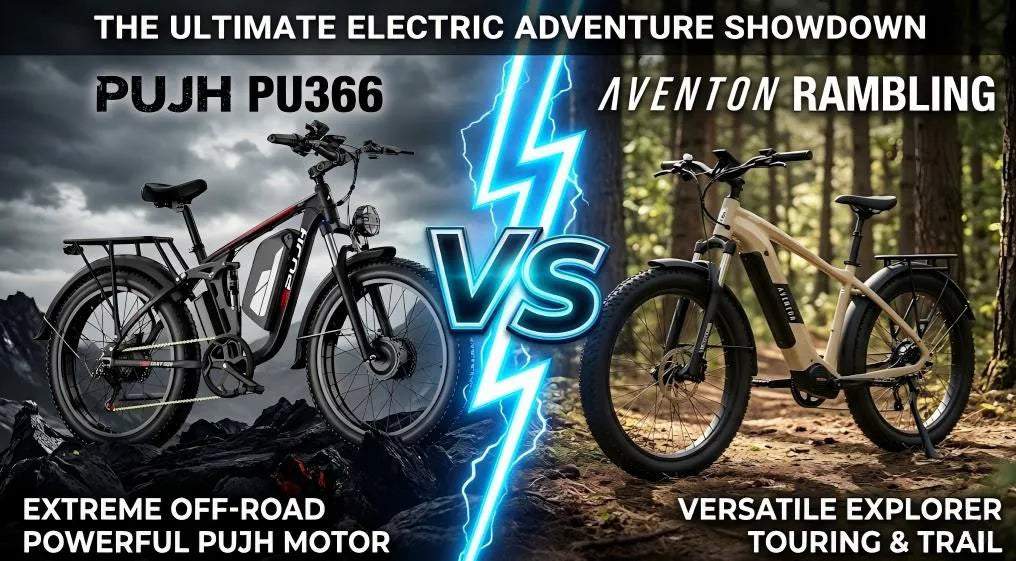 PUJH PU366 and Aventon Rambling fat tire e-bike comparison showing design and motor differences