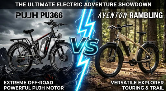 PUJH PU366 and Aventon Rambling fat tire e-bike comparison showing design and motor differences