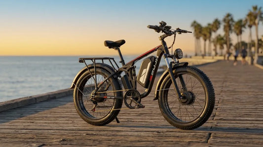 PUJH PU366 off-road electric bike on a coastal boardwalk for relaxed sunset riding.