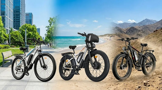 The PUJH summer ebike collection featuring the PU149 Commuter, PU266 Fat Tire, and PU366 Off-Road models 