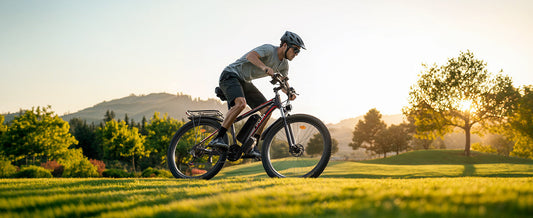 A man rides a PU1 city electric bicycle on the grass.
