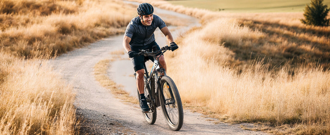 A man rides a PU149 electric bicycle on a rough road.