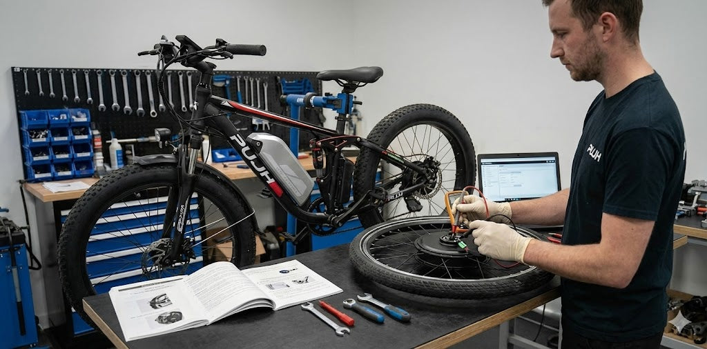 A man is repairing a broken PUJH electric bicycle.