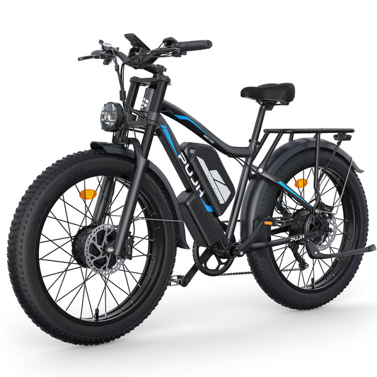 PUJH PU2-52V25AH-  Full Suspension Fat Tire E-bike, 55 mph top speed, 100 mile range, 3000 Wh, 38 kg, 26 in - Black.