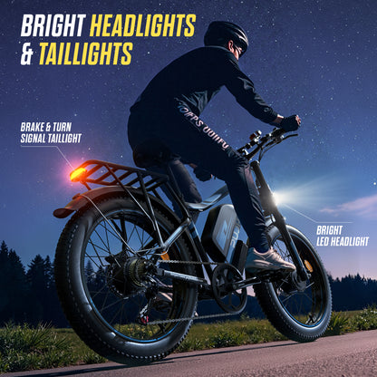 PUJH PU2-52V25AH-  Full Suspension Fat Tire E-bike, 55 mph top speed, 100 mile range, 3000 Wh, 38 kg, 26 in - Black.