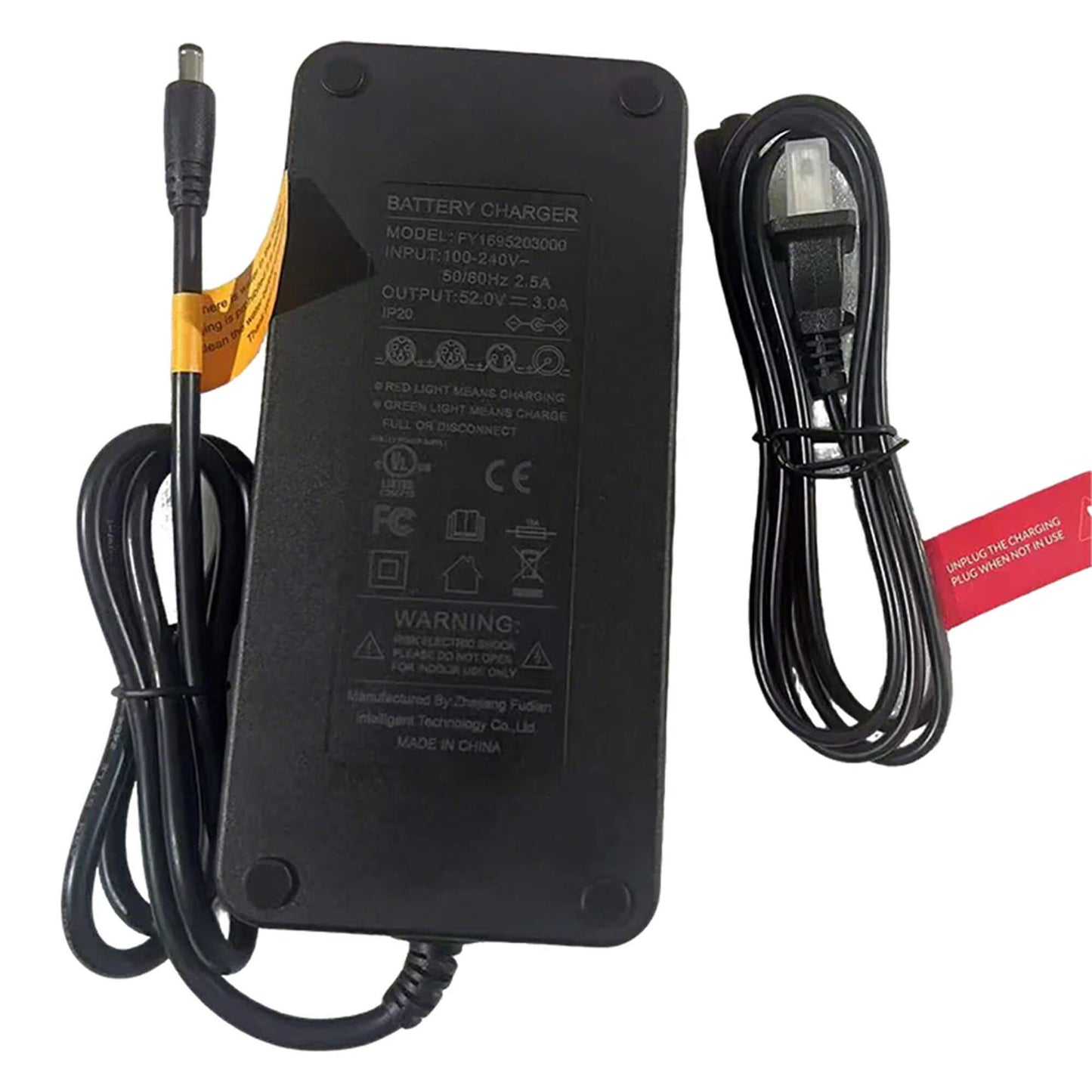 Black 52V battery charger with cables on a white background
