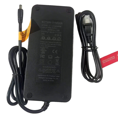 Black 52V battery charger with cables on a white background