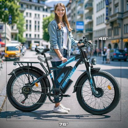 PUJH PU2-52V25AH-  Full Suspension Fat Tire E-bike, 55 mph top speed, 100 mile range, 3000 Wh, 38 kg, 26 in - Black.