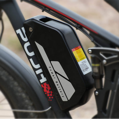 Bicycle power battery pack with 'PUJH' branding on a blurred background