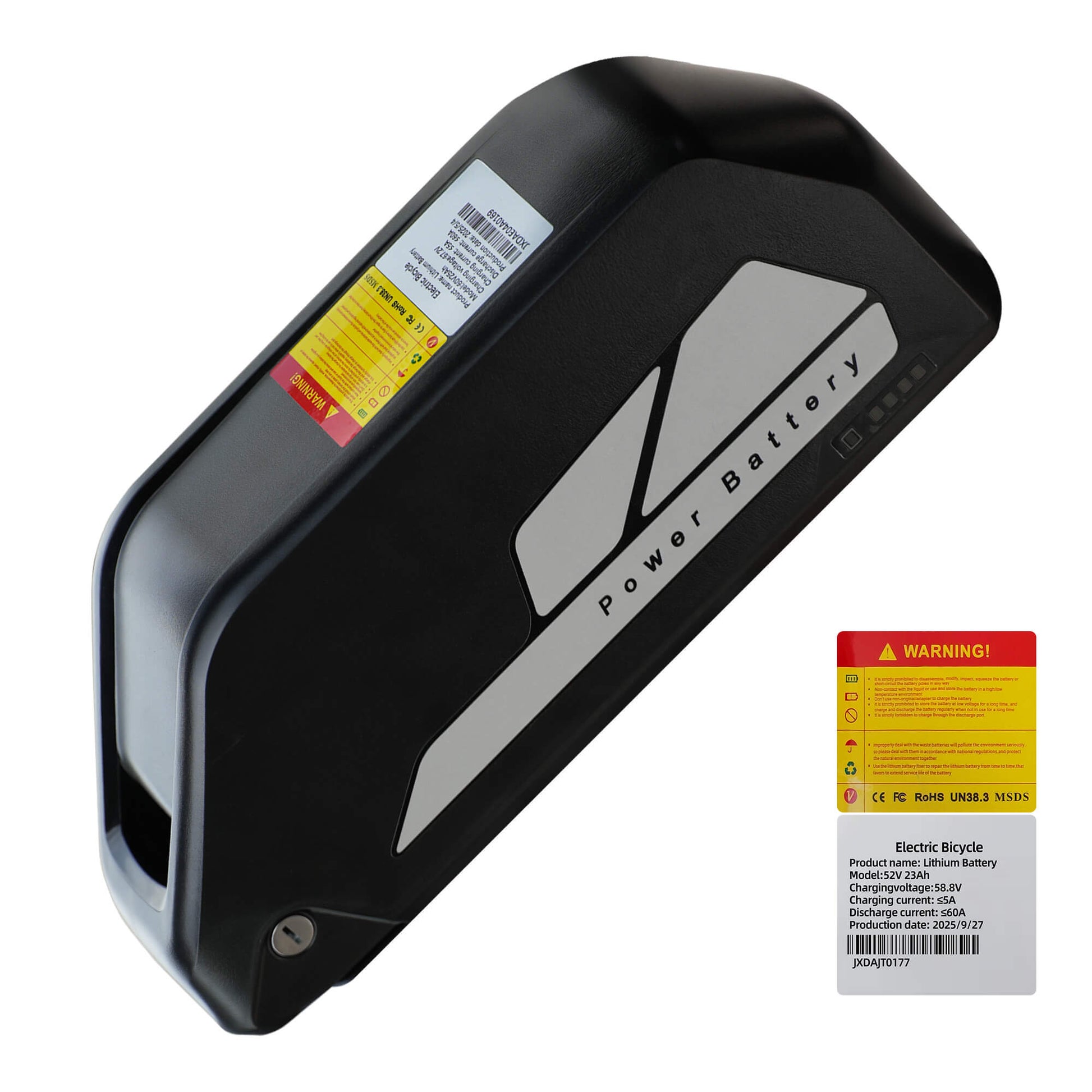 PUJH 52V 23Ah lithium-ion battery pack for extended electric bike range.