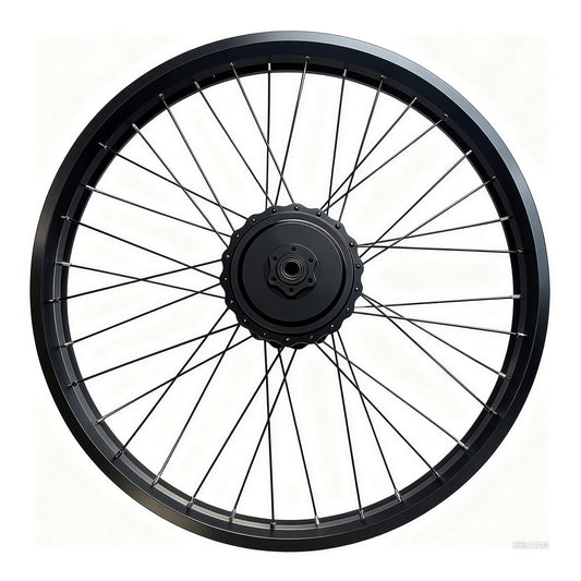 Black bicycle wheel with rim and hub on a white background
