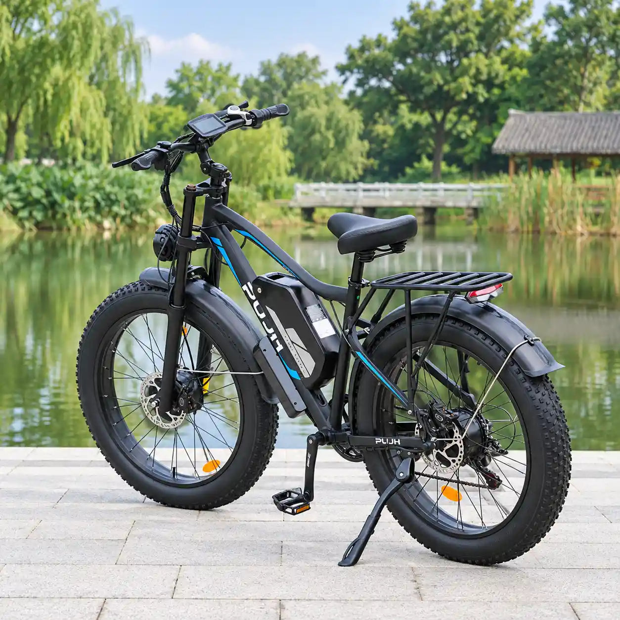 PUJH PU266 black blue fat tire electric bike front three-quarter view
