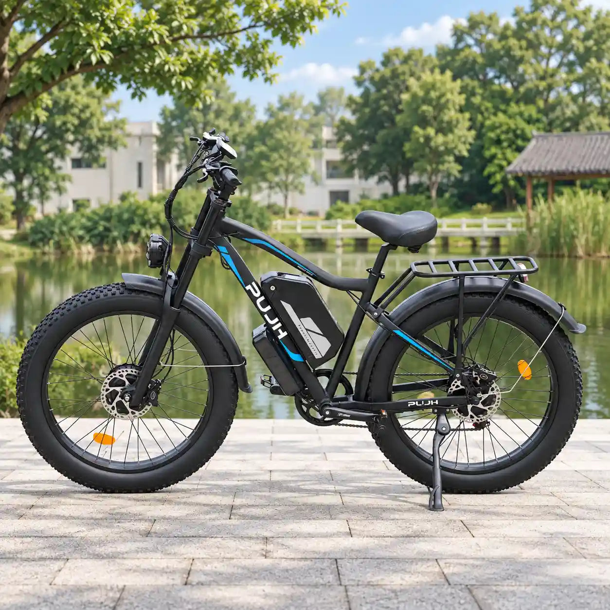 PUJH PU266 fat tire electric bike side view by the lakeside