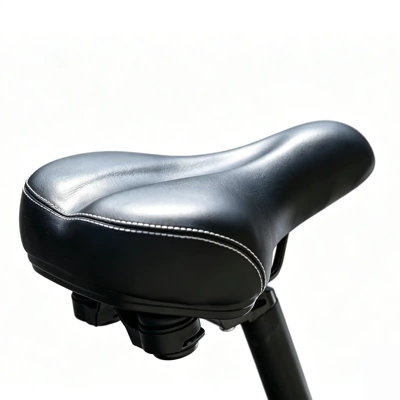 PUJH extra wide comfort electric bike saddle in premium black leather with dual shock absorbing springs on a white background.