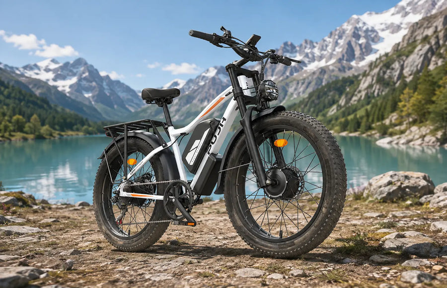 PUJH PU2 Series fat tire electric bike on a mountain lake trail